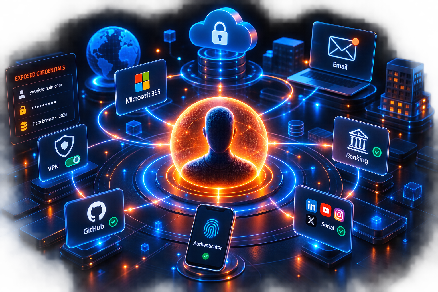 Digital identity network showing a person connected to email, work systems, banking, VPN, social accounts and authentication.